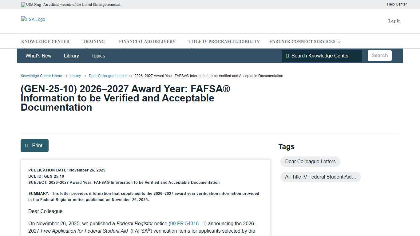 2026–2027 Award Year: FAFSA® Information to be Verified and Acceptable Documentation Knowledge Center